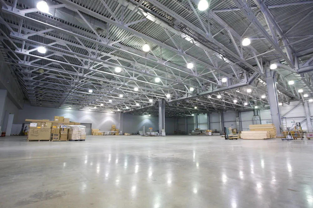 LED high-bay lighting installed in a commercial warehouse