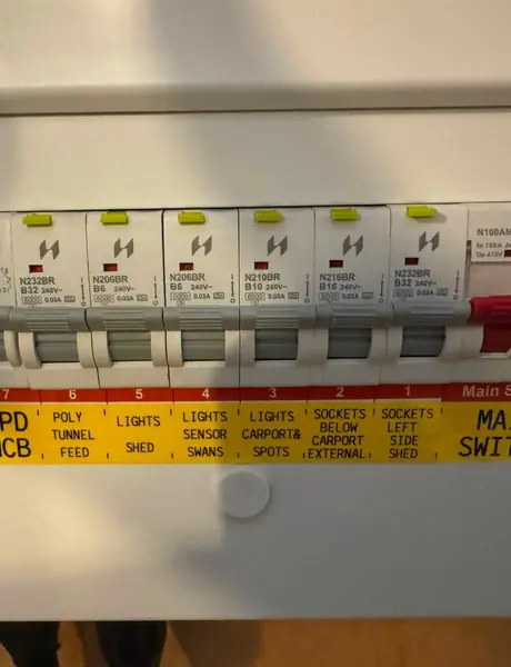 Electrical work in Falmouth: consumer unit installation with clearly labelled circuits