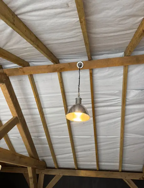 Pendant light installed in a timber-framed garden shed